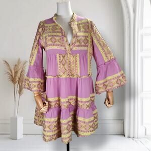Lace the Label Embroidered Boho Mini Dress M Pink Bell Sleeve Cotton